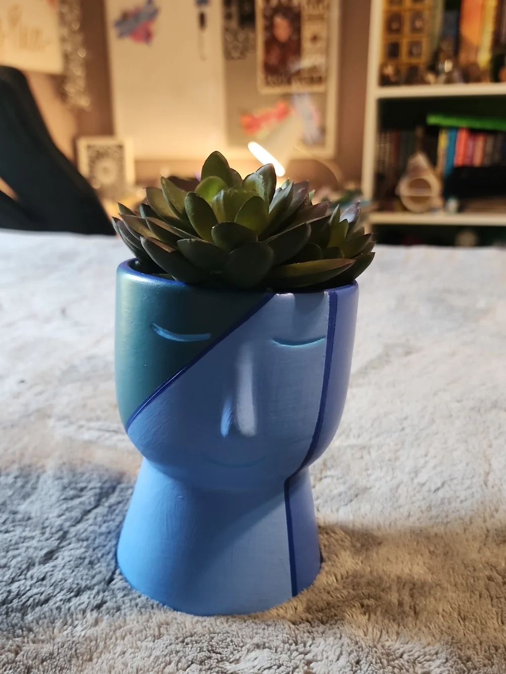 Hand Painted Face Pot, with fake plants!